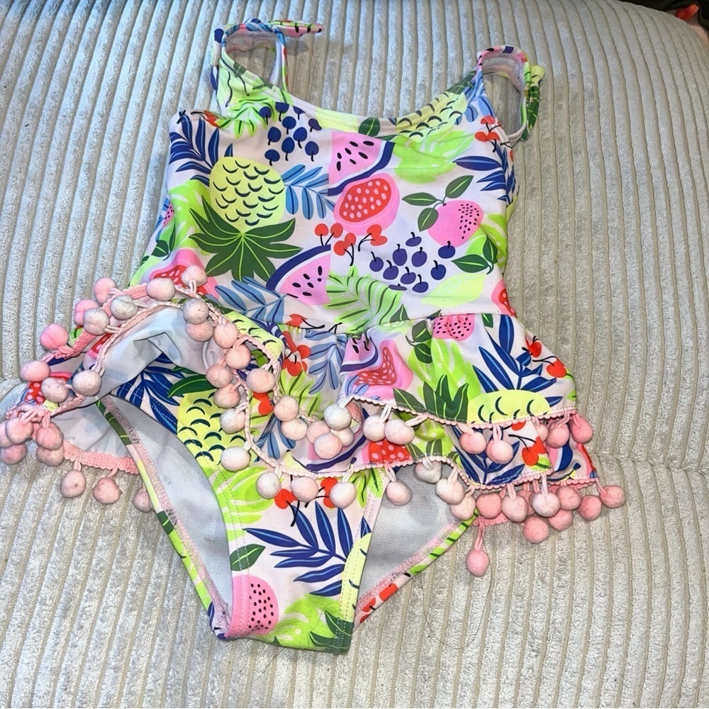 Nicole Miller Girls Tropical Fruit bathing suit Swimsuit pink Pom-Poms 2t